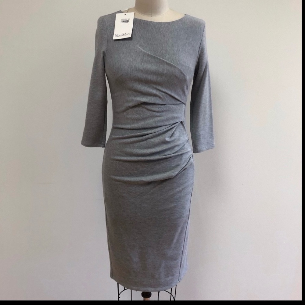 ✨MaxMara Light Gray Midi Sheath Dress with Draped Waist | NWT | Size 6✨